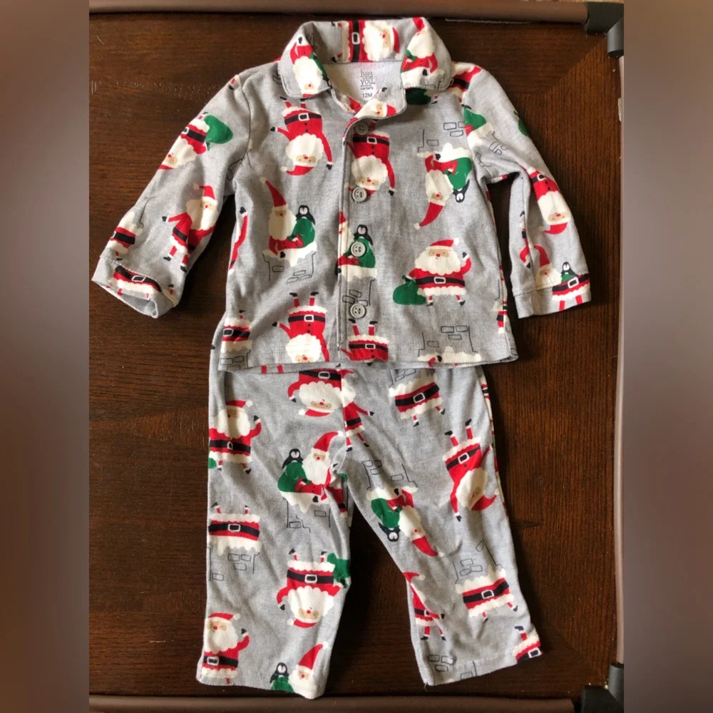 4/$20 Carters Just One You 2pc Santa Fleece Jammies Baby’s 1st Christmas Sz 12Mo